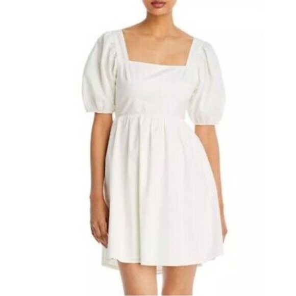 WAYF White Mini Dress Womens Size Small Puff Sleeves Open Tie Back Cotton POCKET - Picture 1 of 13